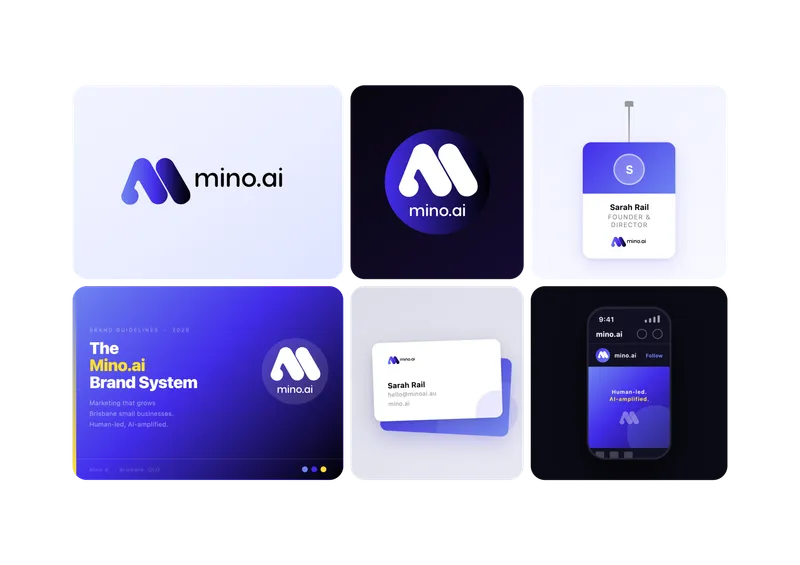 Mino.ai brand identity system — logo, brand guidelines, business cards, and social media design